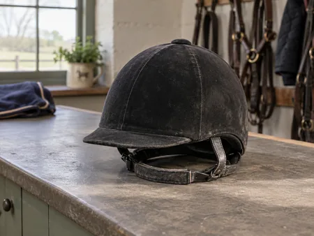 An older equestrian helmet resting alone on a plain inspection counter.