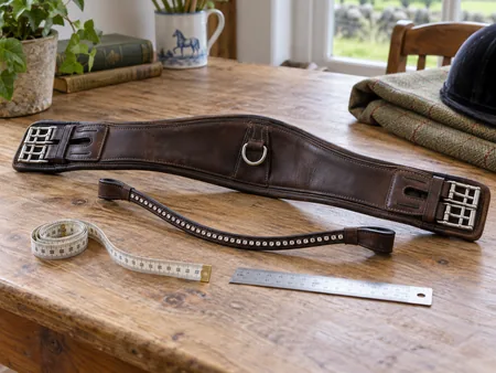 A detached used leather browband and girth arranged separately on a clean table beside a flexible tape and small ruler.