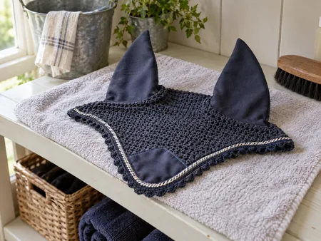 A damp crocheted horse fly veil with two fabric ear pockets laid flat on a clean towel.