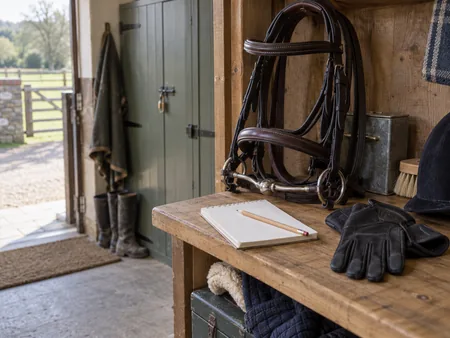 A small blank notebook and pencil resting on a tack room shelf beside a neatly buckled bridle and clean gloves.